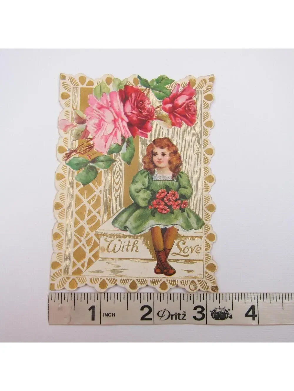 Valentine Card Girl Green Dress Holds Red Poppy Flowers Gold Pink Roses Antique